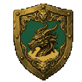 Brasão: bandeira de ouro, campo verde com chevron, dragão